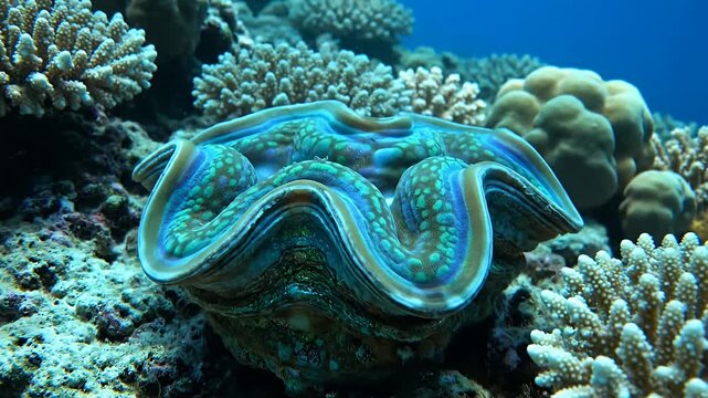 Vibrant giant clam amidst diverse corals in clear ocean