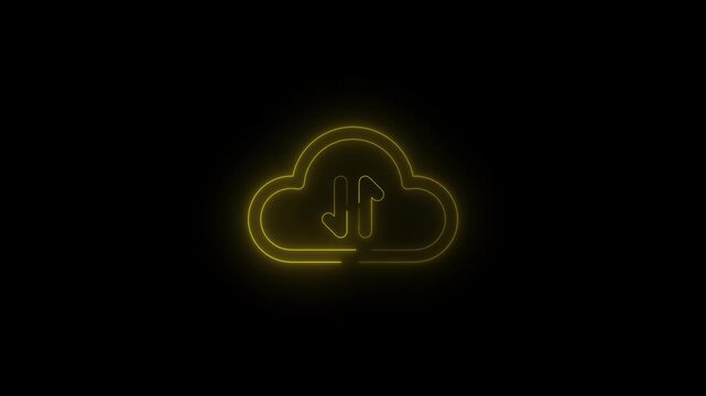 Glowing neon cloud upload download animation, data transfer icon loop, cloud computing technology symbol, futuristic storage sync concept, digital network backup, modern UI UX tech background