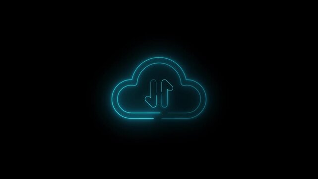 Glowing neon cloud upload download animation, data transfer icon loop, cloud computing technology symbol, futuristic storage sync concept, digital network backup, modern UI UX tech background