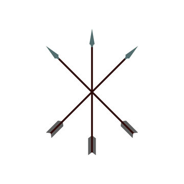 Three crossed bow arrows. Colorful flat style. Vector isolated illustration on white background.