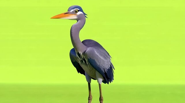 Animated great blue heron model standing calmly on green background for educational wildlife content creation