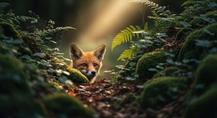 Fototapeta premium A fox peeking out from a forest path, surrounded by green moss and ferns.