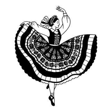 Illustration of a dancing woman in traditional Slavic folk costume with ornate skirt patterns