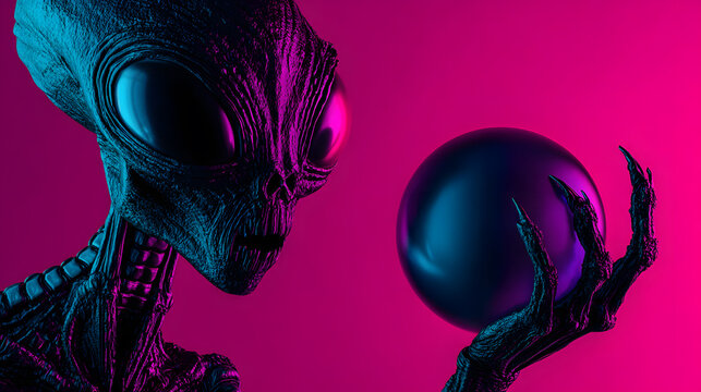 Alien creature holding glowing sphere in neon lighting, representing extraterrestrial intelligence, sci fi fantasy, cosmic power, and futuristic concept.