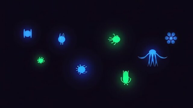 Collection of glowing microscopic organisms and viruses on a dark background.