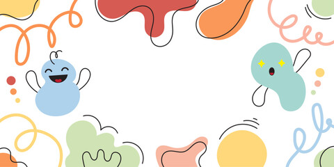 Fototapeta premium Cute Abstract Doodle Frame with Happy Cartoon Characters and Colorful Organic Shapes