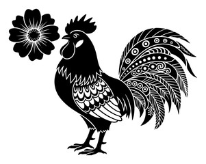 Stylized rooster with intricate patterns and flower in Slavic folk art silhouette © Katarzyna