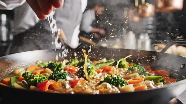 Chef adding salt to steaming colorful vegetables in a large pan on a restaurant kitchen stove