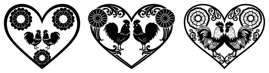 Collection of three decorative hearts featuring symmetrical roosters and traditional Slavic folk ornaments © Katarzyna