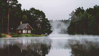 Fototapeta premium Serene lake house surrounded by trees on a foggy morning