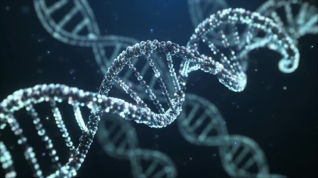 Detailed 3D rendering of a double helix DNA strand molecule with shimmering blue and purple particles and a dark starry background representing genetic