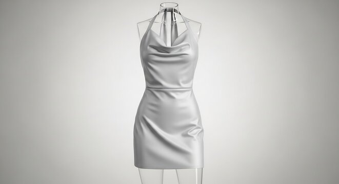 Sleek silver halterneck mini dress with cowl neckline on mannequin