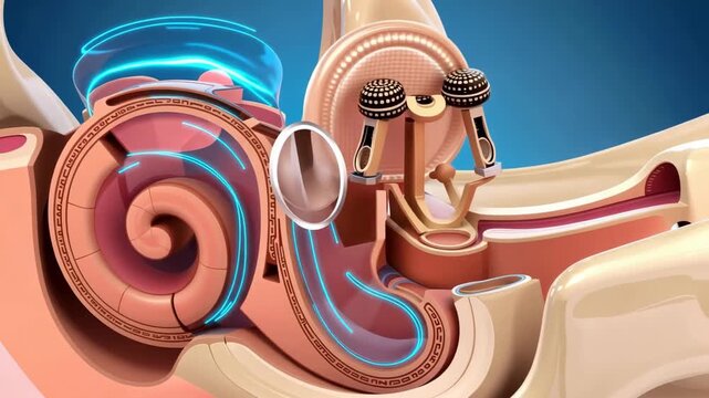 Animated inner ear structure with cochlea malleus incus and stapes illustrating hearing process and sound conduction animation