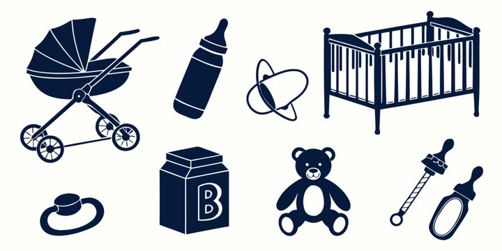 Assorted baby items including a crib, toys, and a changing table Vector