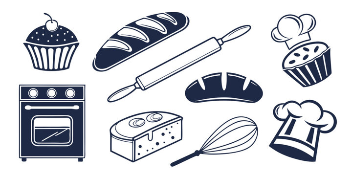 Assorted baking ingredients and tools arranged on a kitchen counter Vector