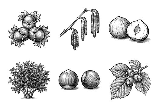 Vintage hazelnut botanical collection featuring engraved illustrations of nuts, catkins, leaves, and shrubs in a classic woodcut style