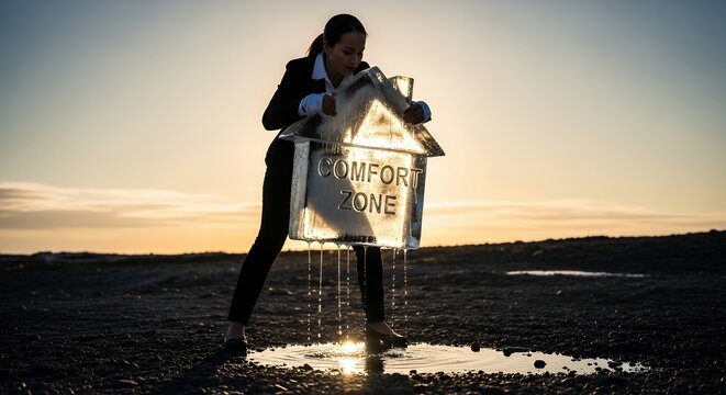 Businesswoman holding tightly to melting ice block shaped like comfort zone sun rising behind tension in body language metaphor for resisting change dramatic backlight hyper detailed 4k