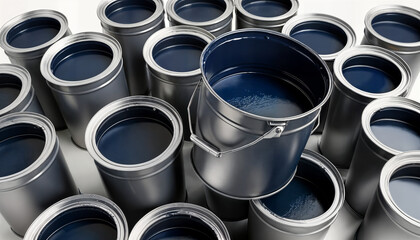 Multiple metal paint buckets with one empty bucket in the center stacked on a white surface industrial painting supplies
