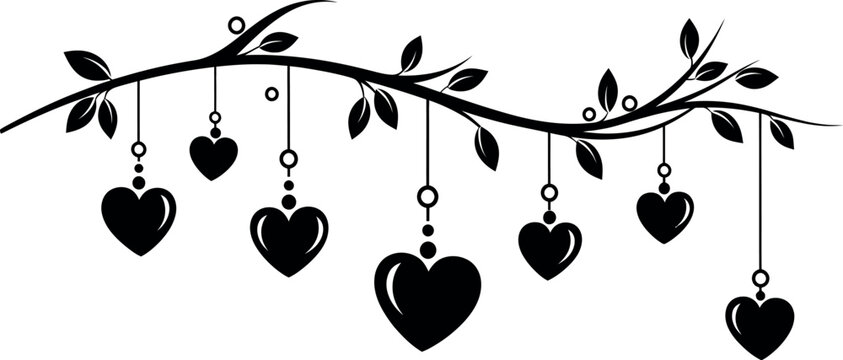 Black hearts hanging from a tree branch with leaves in a minimalist style