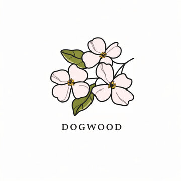 A delicate illustration of dogwood flowers with green leaves on a plain background