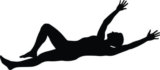 Fototapeta premium Black silhouette of a person lying down and reaching up comfortably on white background for relaxation dreaming and wellness concepts