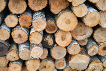 Fototapeta premium Close Detailed View Of Timber Logs Showing Organic Wood Structure And Rings
