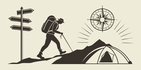 A hiker with a backpack stands on a peak, overlooking a map and a compass. Vector © Rabbi