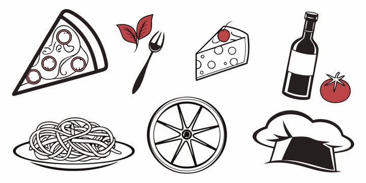 Assorted food items including pizza, spaghetti, pie, and wine Vector