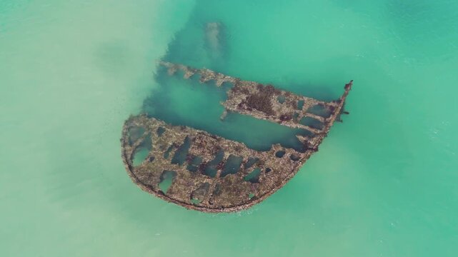 Shipwreck aerial. Aerial view of the Brazilian beach of Acores with the shipwreck. Island of Santa Catarina near the city of Florianopolis.