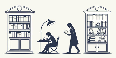 Two people working in their respective home offices with bookshelves and a lamp. Vector © Rabbi