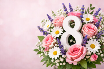 International Women's Day background with number 8 in flower bouquet of roses and daisies. March 8 concept.