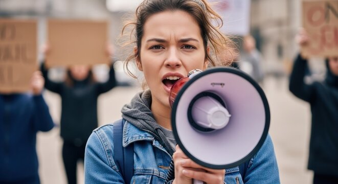 A woman holding a megaphone at a protest. The activist concept of social justice and activism.