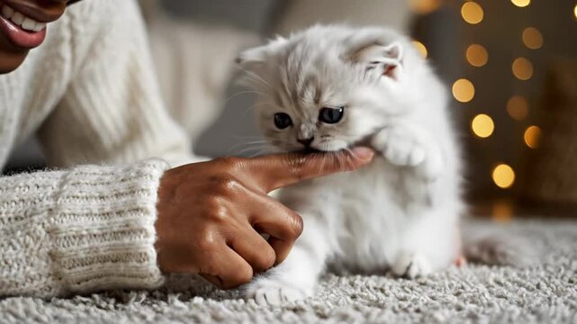 Adorable fluffy white kitten playfully biting human finger, close-up. Cute pet interaction and bonding moment.