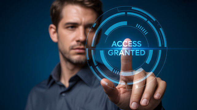 A focused male professional presses a glowing digital interface displaying access granted on a dark 
