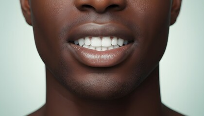 Naklejka premium Close up of healthy white teeth and perfect smile of young african american man for dental care