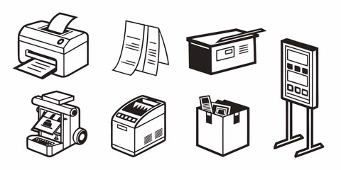 Various office equipment and supplies arranged in a row. Vector