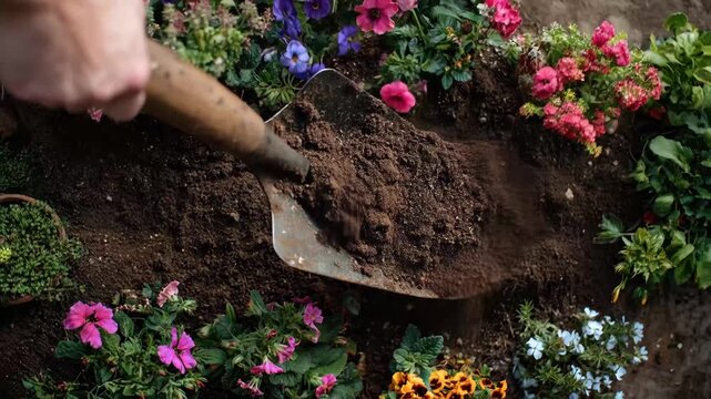 Gardening tips for planting flowers in soil with tools and hands near colorful blooms in the garden during springtime