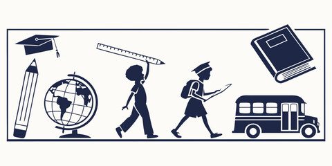 Illustration of diverse people engaging in various educational activities and using learning tools Vector