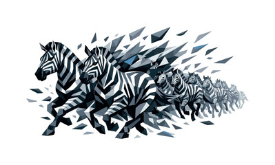 Fototapeta premium Zebra Breakthrough. Low-poly vector illustration of a zebra herd breaking through the disruption, leading zebras surging ahead
