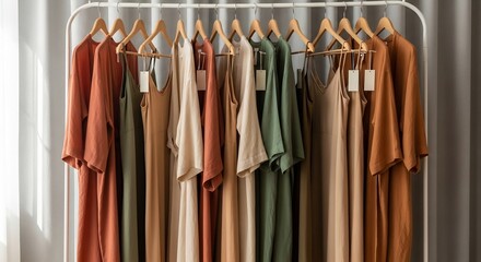 Obraz premium Neutral-toned linen dresses and tops hanging on a white clothing rack with wooden hangers, showcasing a minimalist fashion collection.
