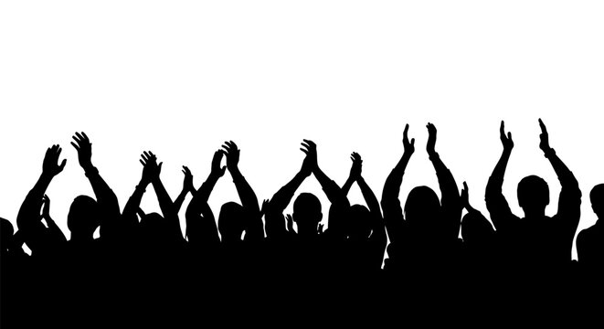 Silhouetted crowd with raised hands against white background.
