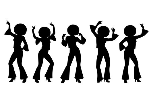 Disco dancers silhouette on white background, retro party vibe