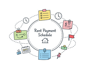 Circular planning wheel, orbiting sticky notes, tiny clock and flag icons, curved dotted paths for Rent payment schedule with