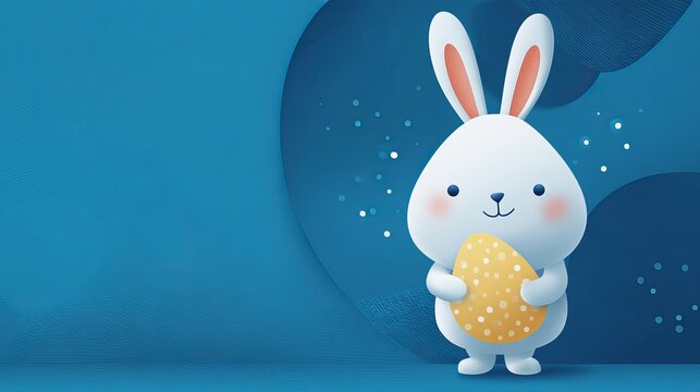 A cute cartoon bunny holding a yellow egg on a blue background