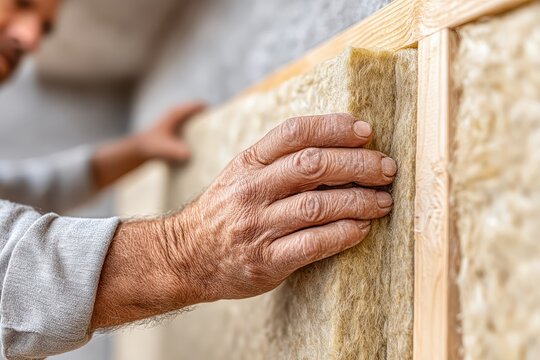 Close up of worker installing rigid mineral wool insulation within a wooden frame, demonstrating home thermal insulation improvements and energy efficiency upgrades project.