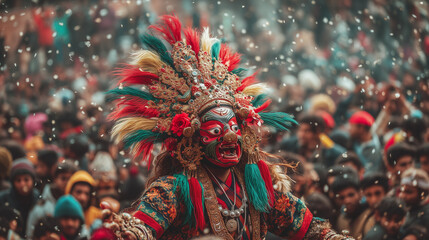 Fototapeta premium Indra Jatra Festival, Dramatic Indra Jatra Festival Performer with Red Feathered Headdress Celebrating Sacred Tradition Amid Large Crowd