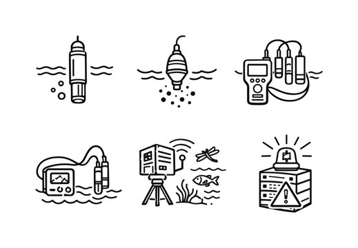 Line style icons of environmental monitoring around servers: dissolved-oxygen sensor, turbidity meter, water-quality probe,