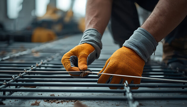 Construction worker tying rebar with steel wire, reinforced concrete preparation, blurred background, sharp focus