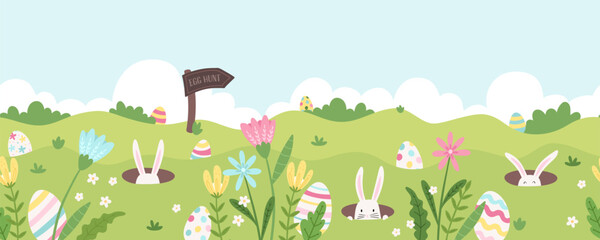 Obraz premium Cute Easter Egg hunt design, hand drawn with cute bunnies, eggs and decorations - great for invitations, banners, wallpapers - vector