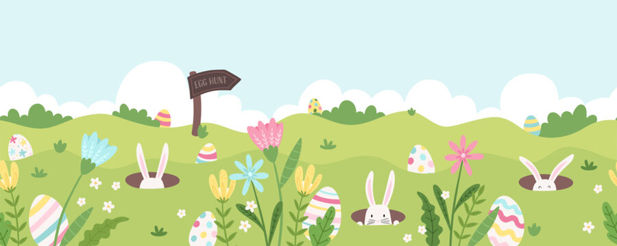 Cute Easter Egg hunt design, hand drawn with cute bunnies, eggs and decorations - great for invitations, banners, wallpapers - vector